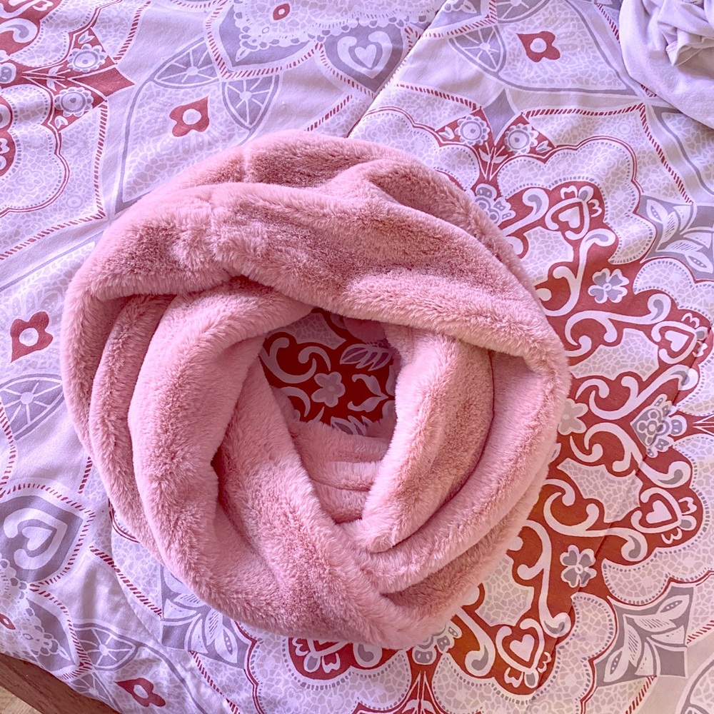 Pink fuzzy infinity scarf